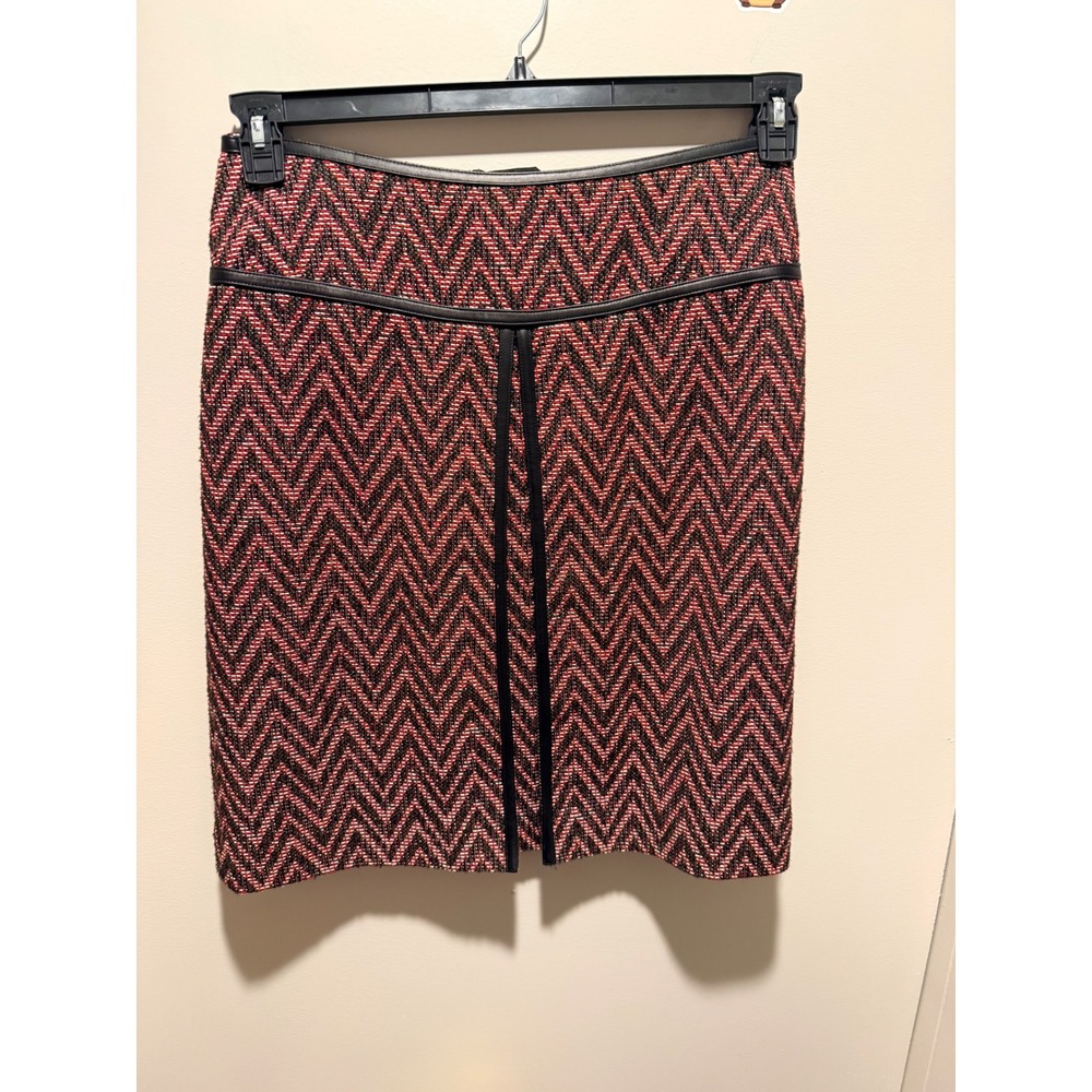 Doncaster Collection Red‎ Black Chevron Tweed Skirt Leather Trim Size 8 Pencil